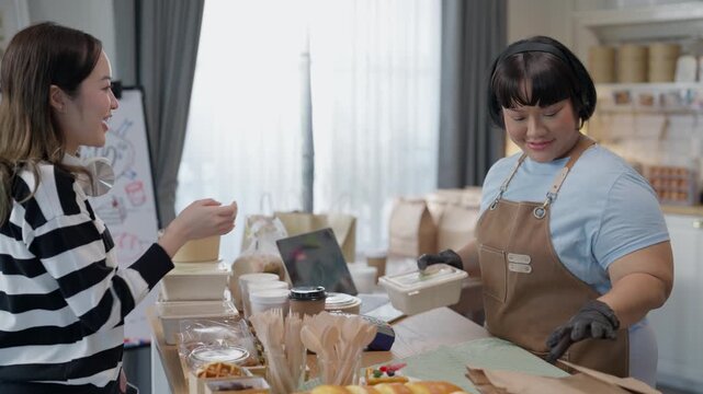 Cooking Baking Kitchen Live Streaming Online Woman Preparing Pastry and Packaged Food for Smiling Customer During Friendly Home Market Food Exchange