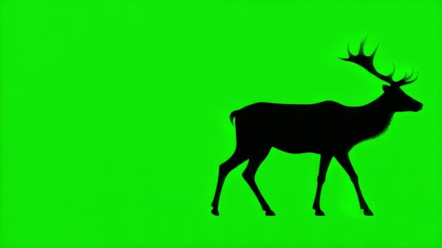 A detailed silhouette of a stag with impressive antlers walks steadily on a chroma key green background.