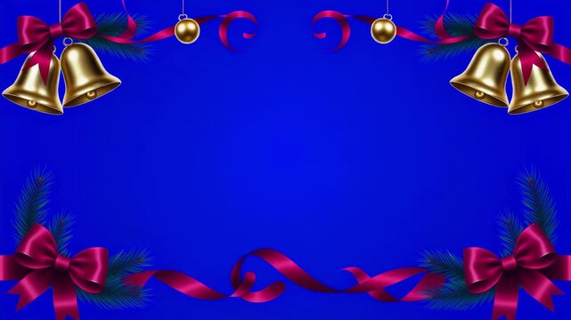 A festive animated Christmas background featuring golden bells, red bows, and pine branches on a vibrant blue backdrop.