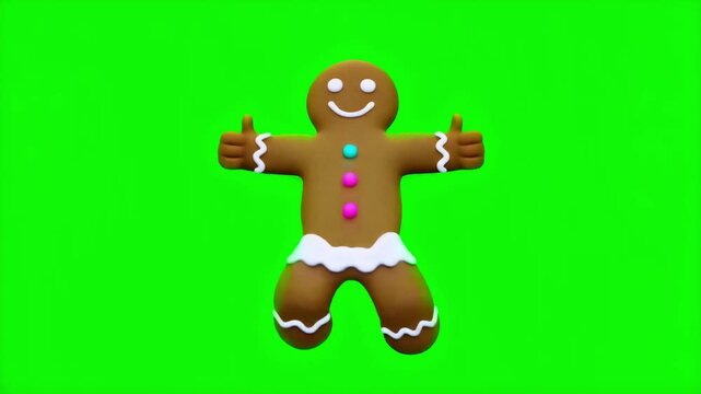 A happy 3D gingerbread man dances and gives a thumbs-up on a green screen. Perfect for festive holiday content.