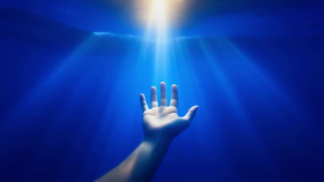 A human hand reaches upwards from deep blue water, bathed in bright sun rays filtering through the surface.