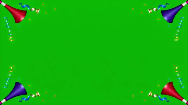 A vibrant animated frame with party horns, confetti, and streamers on a green screen. Perfect for celebrations.
