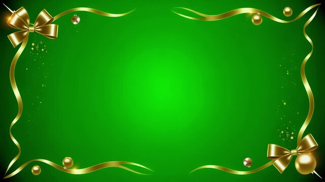 A vibrant green background adorned with a shimmering golden ribbon frame, festive bows, and sparkling Christmas ornaments, perfect for holiday greetings and celebrations.