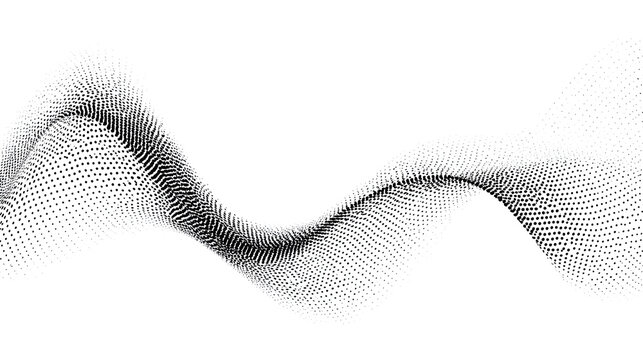 Monochrome halftone dotted illustration, abstract dynamic wave, ribbon pattern. Curved line with halftone effect, flud design. Vector minimalist background. Overlay template. Vector Stock Vector