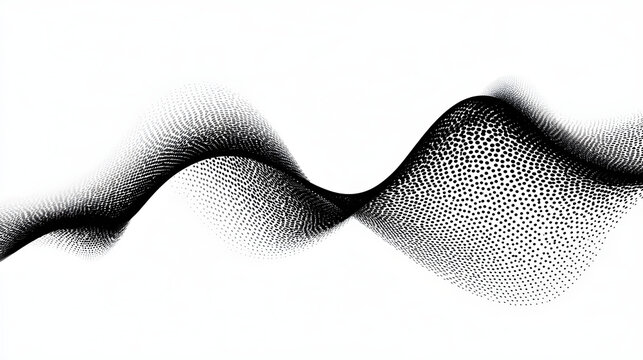 Monochrome halftone dotted illustration, abstract dynamic wave, ribbon pattern. Curved line with halftone effect, flud design. Vector minimalist background. Overlay template. Vector Stock Vector