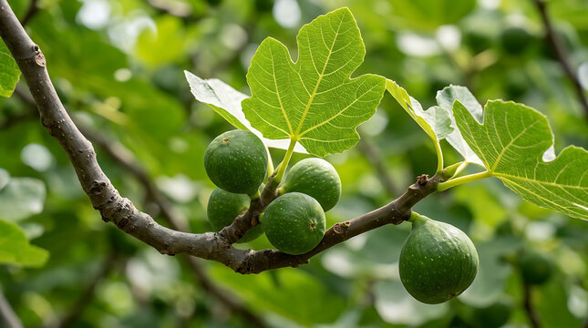 Fresh green figs growing on a tree branch in summer garden