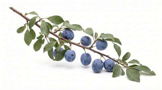 purple plums hanging on a tree branch with green leaves