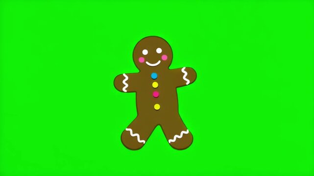 Animated gingerbread man with colorful buttons wiggling happily on a green screen. Ideal for festive and Christmas projects.