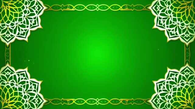 Animated green background with golden frame and intricate mandala patterns, ideal for Islamic events and celebrations.
