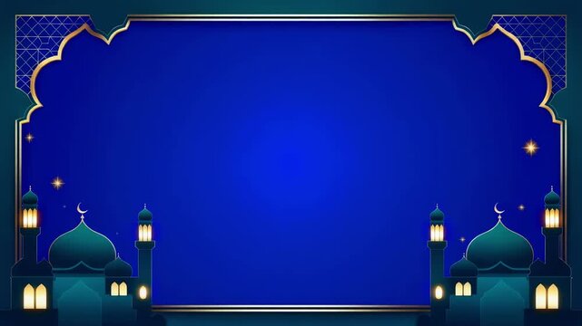 Animated Islamic background featuring mosques, glowing lanterns, and twinkling stars, perfect for Ramadan and Eid celebrations and other holy events.