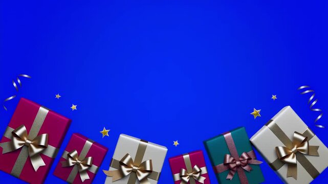 Animated scene featuring a collection of colorful gift boxes, stars, and ribbons on a blue backdrop. Perfect for holiday promotions, birthdays, and special occasions.