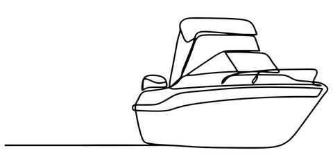 Modern motorboat speed vessel in single continuous line art drawing for maritime transport and nautical design theme. © BipulChandra