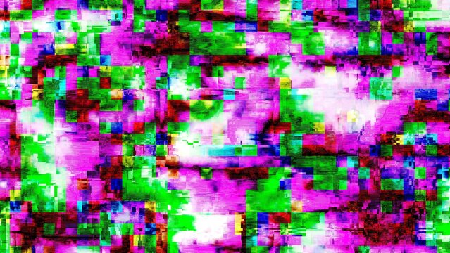 Abstract magenta and green digital glitch mosaic with pixelated blocks and corrupted data distortion