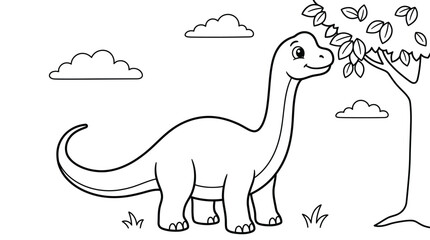 Brachiosaurus dinosaur and tree illustration in a black and white line style © GDRAMJAN2.0