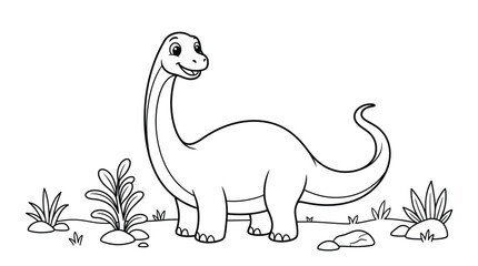 Brachiosaurus dinosaur illustration with foliage black and white line art © GDRAMJAN2.0