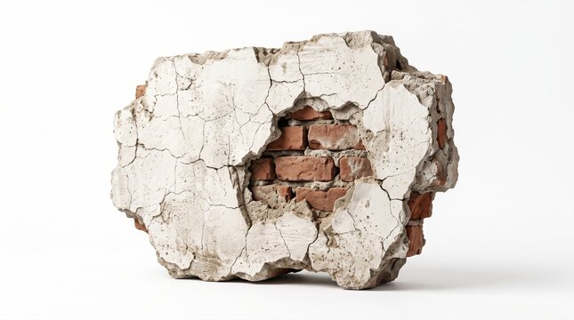Broken piece of heavy concrete wall showing red bricks inside as a construction texture