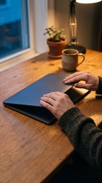 Hands closing laptop lid at end of workday