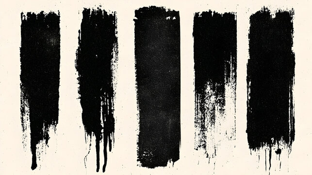 Set of vertical ink stamp texture with dripping ink in brushing creating dirty grunge brush. Letter press vintage rough rectangle shape with abstract textures. Linocut irregular textured printout. 