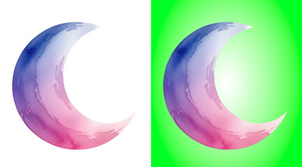 Watercolor crescent moon with pink and blue gradient, isolated on white painting © Dd