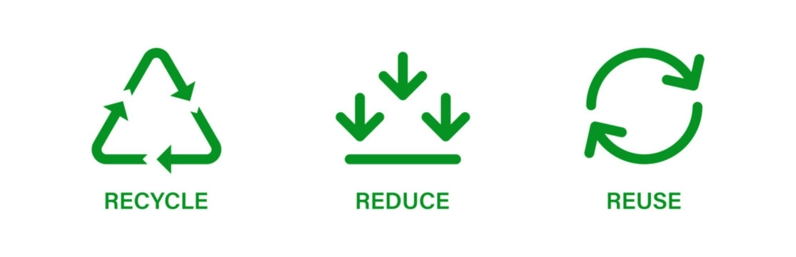 Reduce, reuse, and recycle icons symbols featuring green arrows for waste reduction, material reuse, recycling processes, sustainability, and eco-friendly environmental sustainability line icons