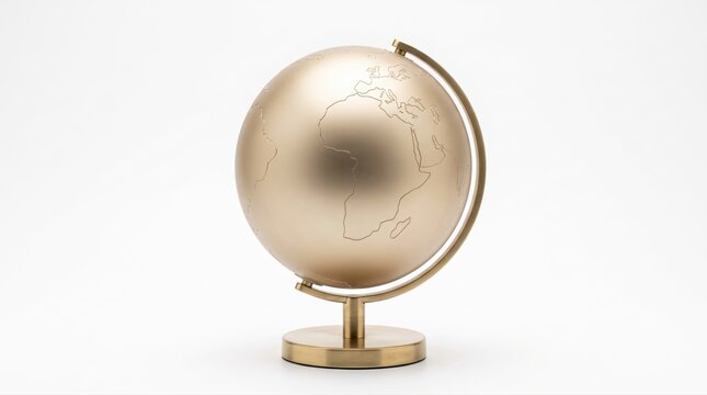 Elegant metallic gold world globe map standing on a desk for travel and business concepts
