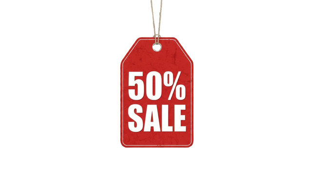 Textured Red Hanging Tag Featuring a Bold Fifty Percent Off Discount Promotion for Retail Marketing Campaigns