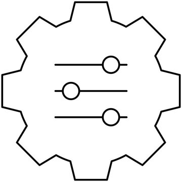Line art style icon illustration of a gear wheel with adjustment sliders isolated on transparent background. Minimalist thin line design element for system control UI.