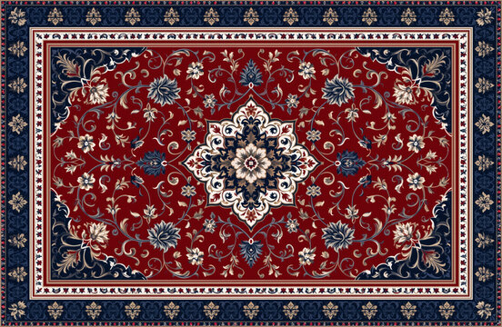Traditional oriental carpet pattern with ornamental floral medallion and border in red and navy blue