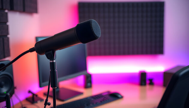Podcast microphone on a stand in a streaming room with acoustic foam and pink lights