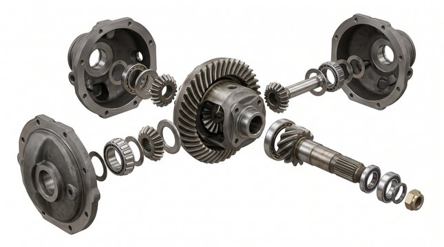 Car Differential Gear - 3D illustration of Exploded 3D render of an automotive differential
gear assembly