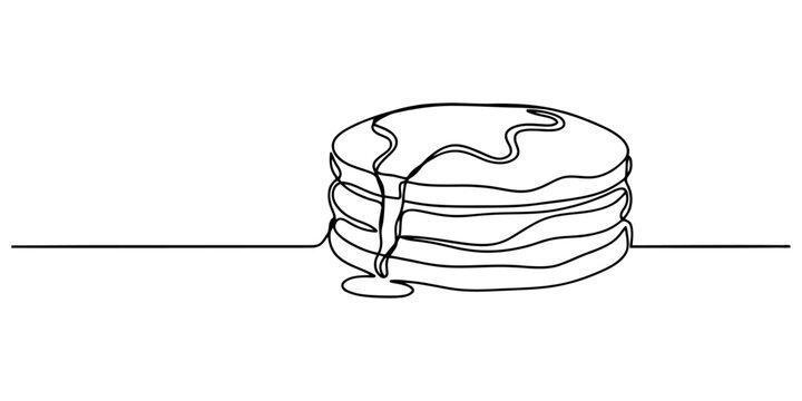 Stack of pancakes with dripping syrup drawing continuous line vector illustration for breakfast menu food graphics.