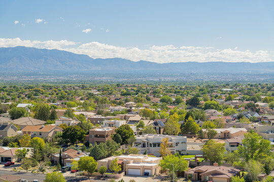Aerial View of Suburban Albuquerque with Sandia Mountains