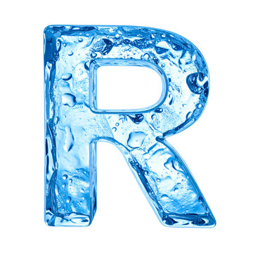 Letter R made of clear blue ice with water droplets and bubbles isolated as a 3D object on transparent background