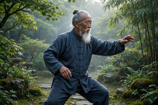 Elderly Asian man practicing tai chi in a garden at dawn