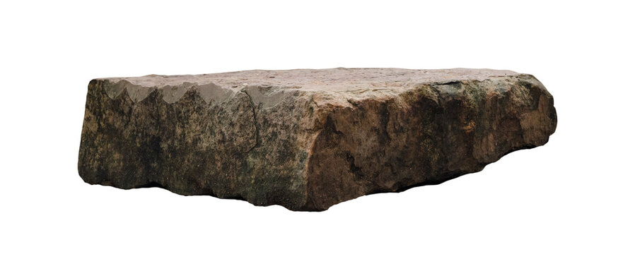 Stone slab isolated on white background, Real natural rock with flat top, rough brown, gray weathered texture, rugged edges and aged surface for landscape design,Garden decoration,Architecture project