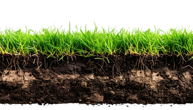 Side view of a vibrant green grass field section with a visible soil layer underneath, showing lush blades and root systems for environmental and garden design.