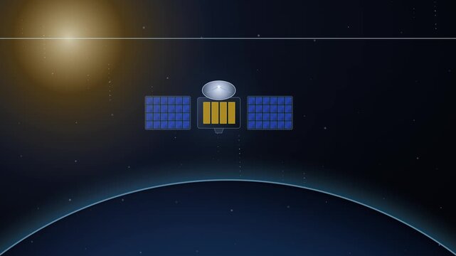 Communication satellite orbiting planet earth in deep space with bright sun and stars in the background