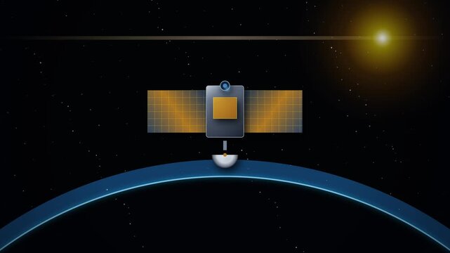 A futuristic communication satellite orbiting a blue planet in the vast dark void of outer space with a distant sun