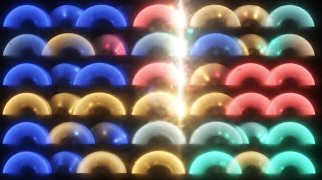 Glowing multicolored geometric semicircles flashing and shifting across dark abstract digital display screen background