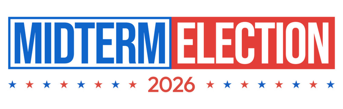 Midterm election 2026 banner design with blue and red text and stars on transparent isolated backdrop for political campaign