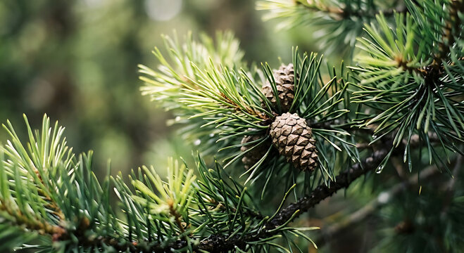 Close up of fresh green pine needles and a small pine cone on a branch