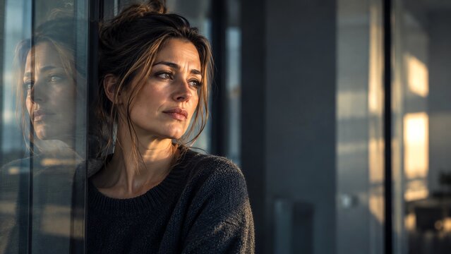 Woman standing beside reflective glass, symbolising hidden emotional overwhelm, outward composure and the contrast between public appearance and private feelings.