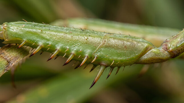 Macro detail of praying mantis foreleg showing sharp spines and green