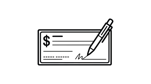 Black Outline Illustration of a Check with Dollar Symbol and Pen, Financial Payment, Banking Transaction and Money Transfer Concept