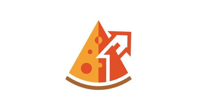 A stylized graphic illustration of a pizza slice with an upward arrow