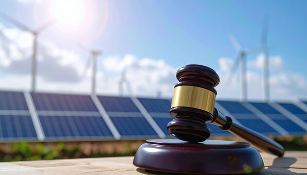 Wooden judge gavel resting on a surface with solar panels and wind turbines in the background under bright sunny sky