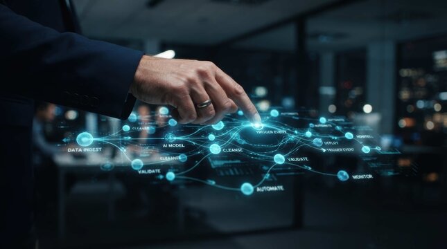 Automated data ingestion workflow interface featuring glowing nodes for monitoring.