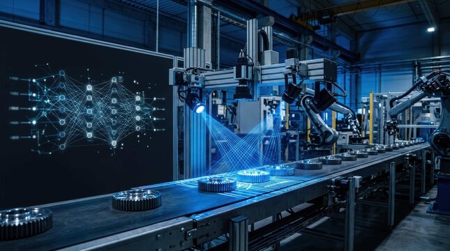 Automated machine vision system inspects metal gears with blue laser light sensor.