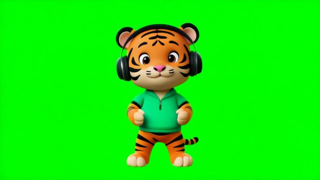 An original 3D baby tiger in a teal tracksuit performs an upbeat dance challenge on a clean green screen for social media, comedy, and video compositing.