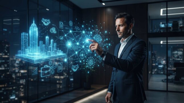 Business executive uses holographic city interface with blue glowing network data.